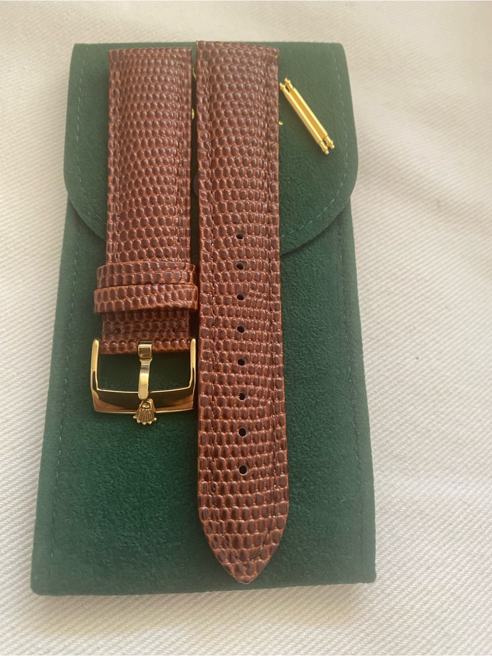 Vintage Brown Lizard-Texture Leather Watch Strap Rolex Gold Plated Buckle 20mm